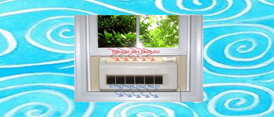 Diagram of EcoBreeze smart window fan exhausting hot stale air and bringing fresh cool air in