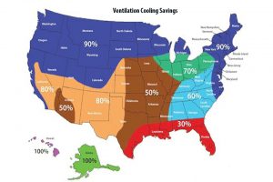 map of america with ventilation cooling savings by region